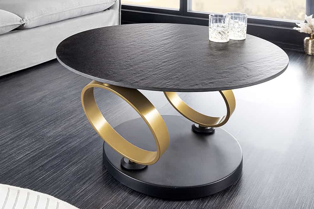 Design Couchtisch DANCING RINGS schwarz rund drehbar Pandora Keramik schwarz Metall