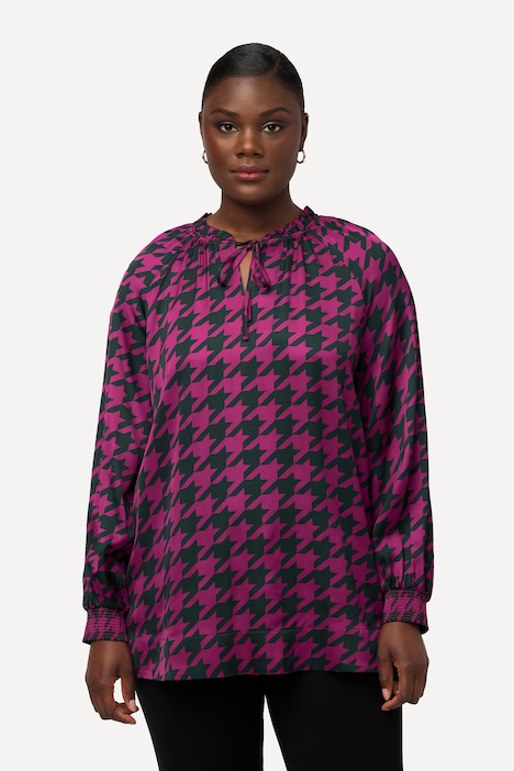 Satinbluse, Hahnentrittmuster, Boxy, Rundhals, Langarm