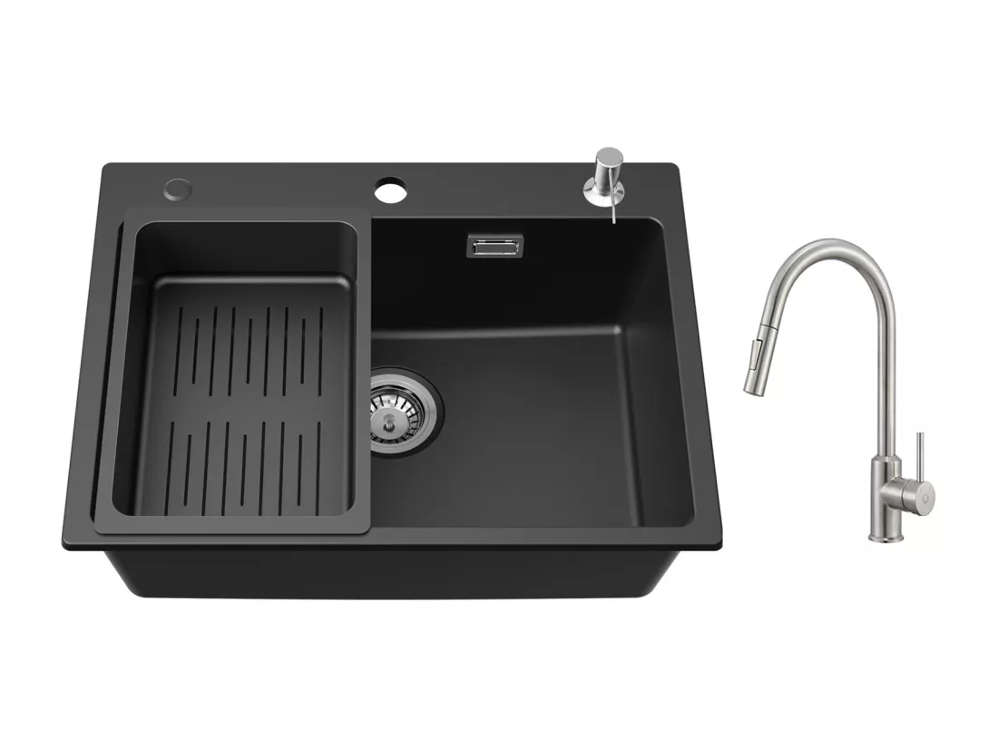 Cecipa max Evier en Quartz 60*45cm, avec Panier de Vidange et Distributeur de Savon + Mitigeur avec Douchette Extractible - 2 Modes de Sortie D'eau
