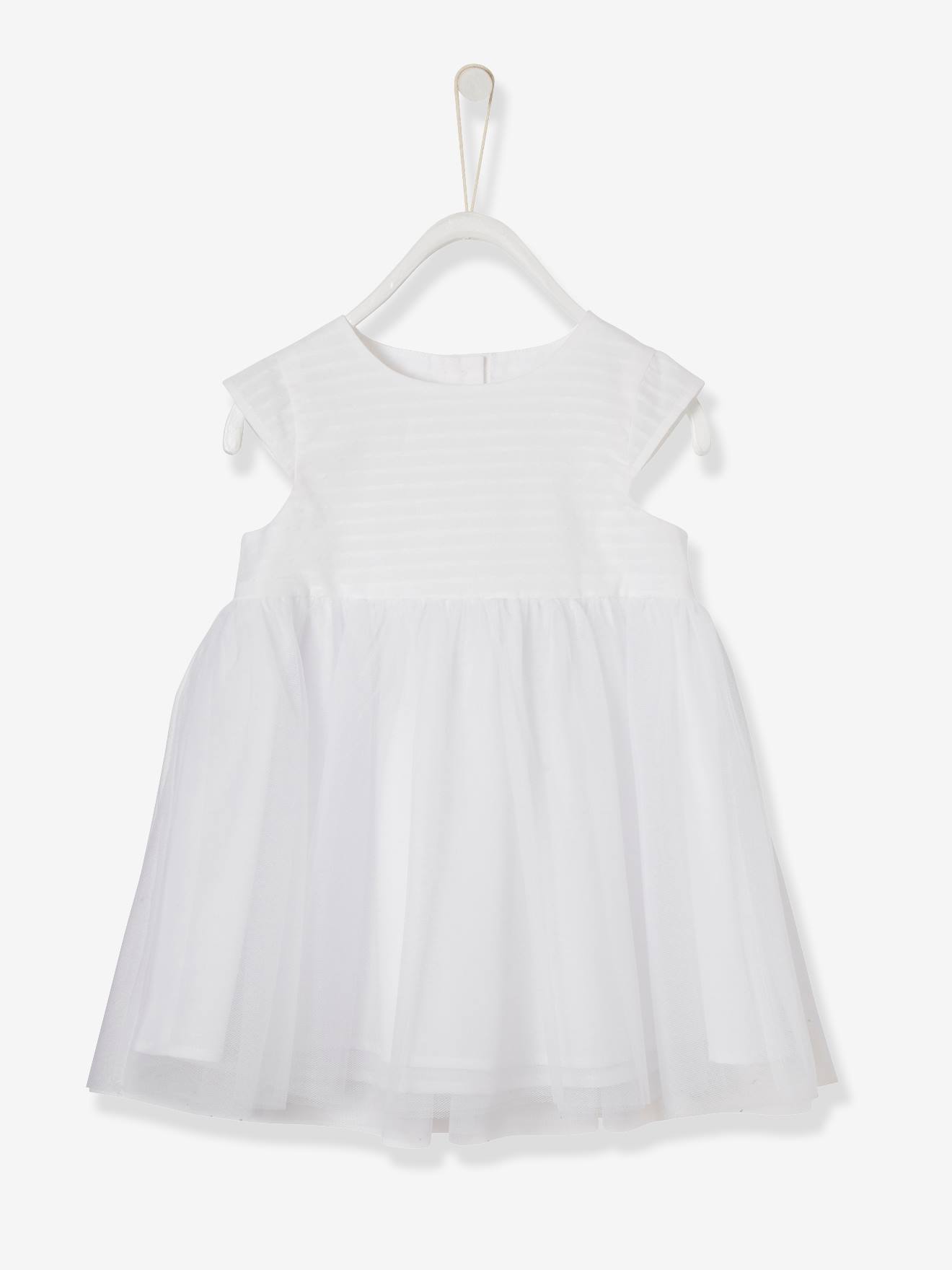 Vestido de tule branco claro e liso para cerimônia de bebê