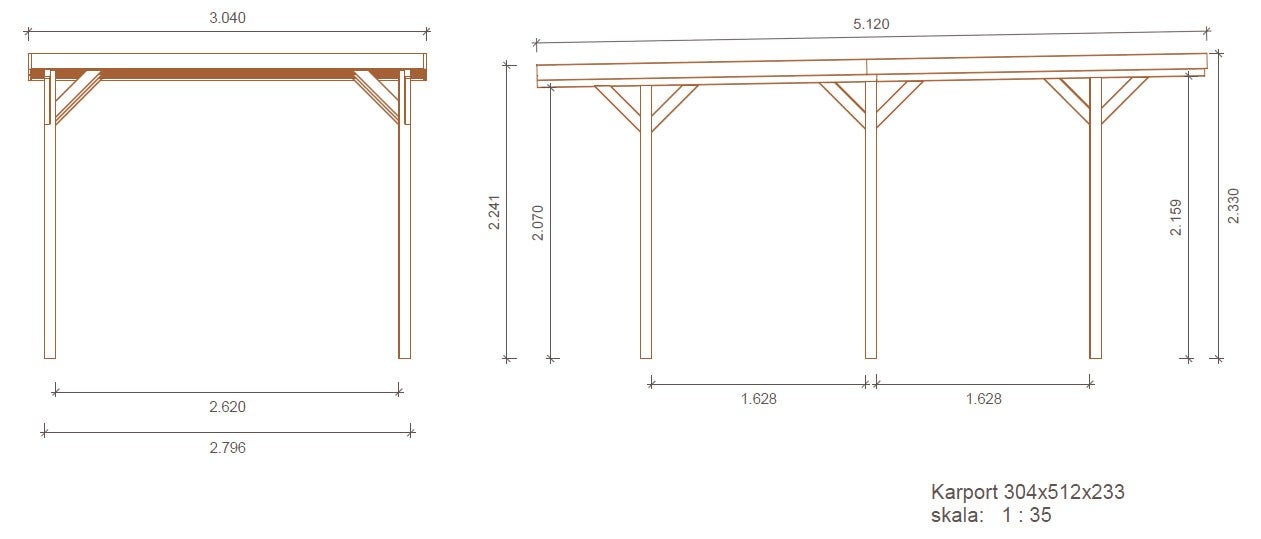 Carport garage dak 3,04x5,12 m - 15,57 m2