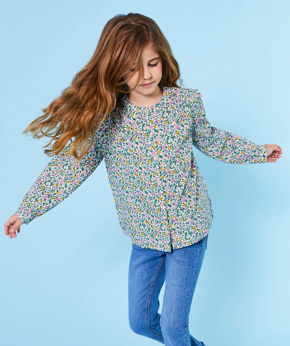 BLOUSE FILLE EN COTON IMPRIMÉ FLEURI VERT ET ROSE
