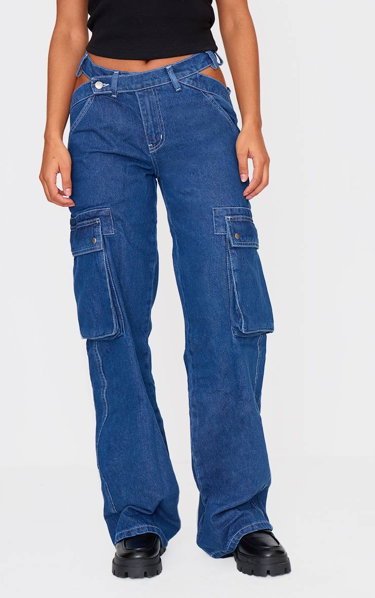 Bleu Indigo Jean Cargo À Taille Asymétrique Avec Découpes