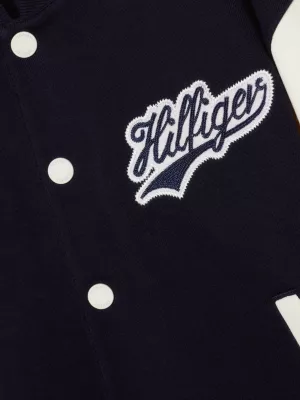 Jaqueta bomber universitária com blocos de cores