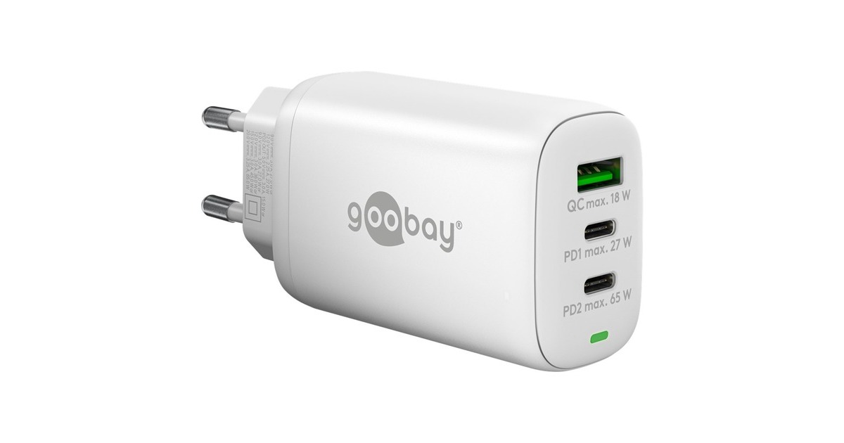 goobayUSB-C PD GaN Multiport snellader (65 W)  (Wit, 2x USB-C, 1x USB-A, Power Delivery, QuickCharge)