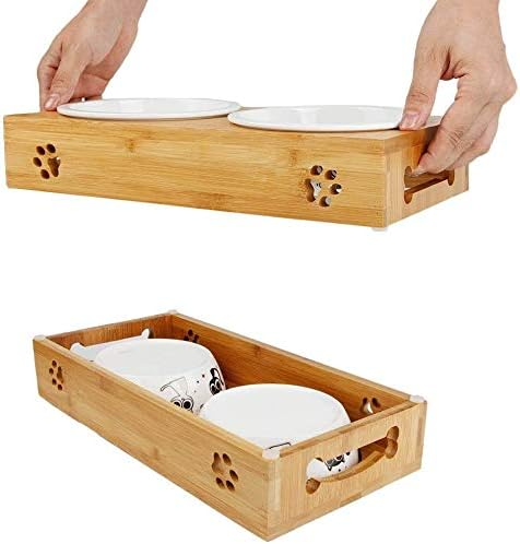 Bambus Haustier Futterstation Katzen Fress Napf Hunde Schale - Braun / Weiss