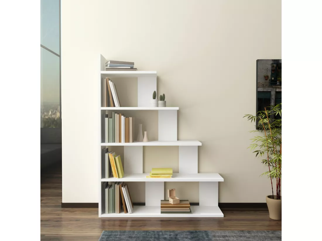 Bibliothèque échelle 120 cm et 5 étagères, design reversible (Blanc)