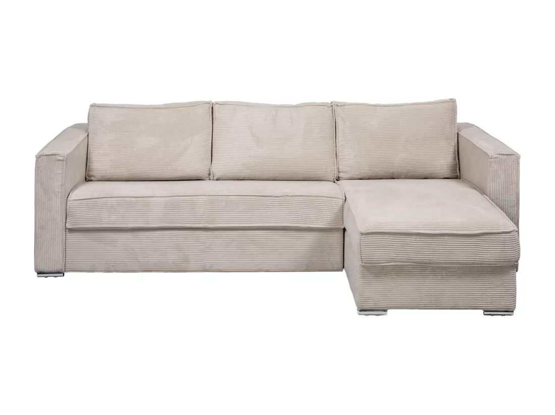 Canapé d'angle convertible express et réversible en velours côtelé beige - Couchage à lattes larges 140 cm - Matelas 14 cm LORETO