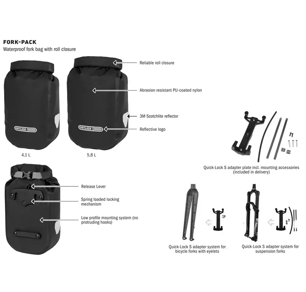 ORTLIEB Fork-Pack QLS 5.8L Voortas Mat Zwart