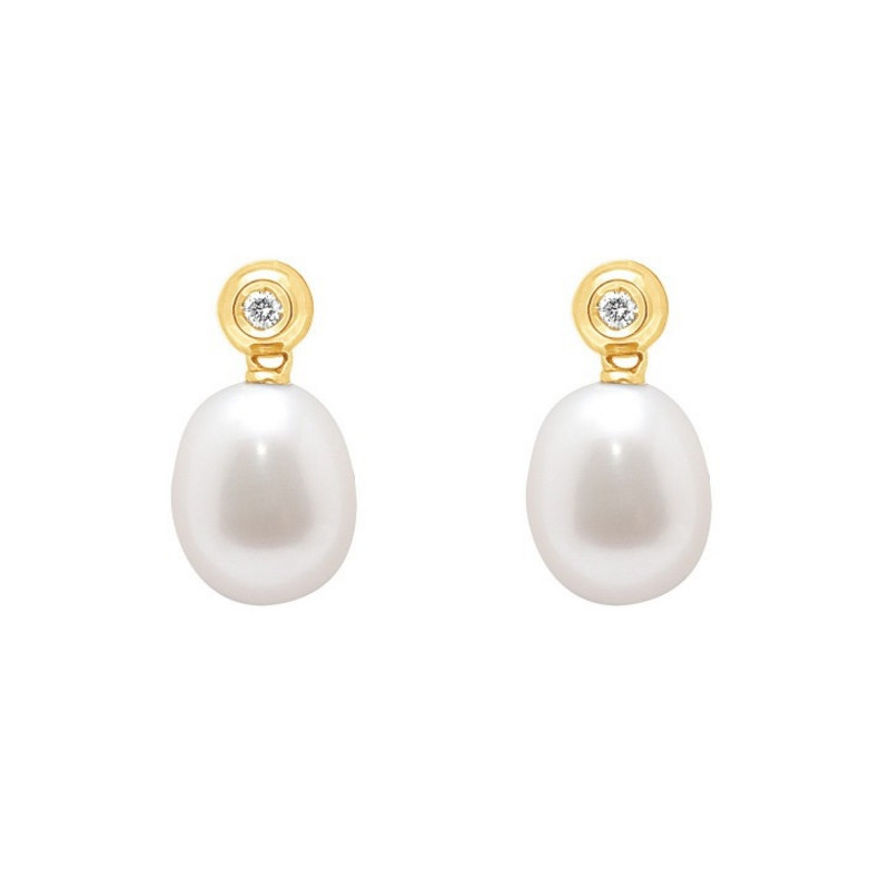 Boucles d'Oreilles Perles de Culture Blanches, Diamants et Or Jaune 750/1000