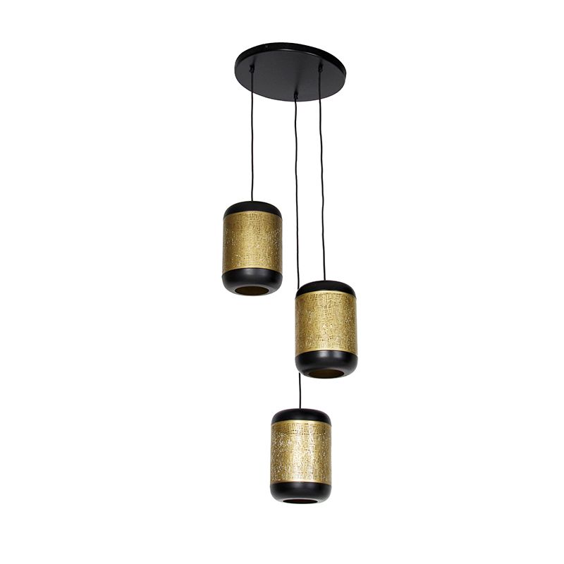 Vintage hanglamp zwart met messing rond 3-lichts - Kayleigh
