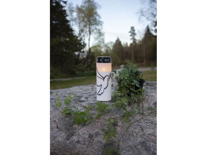 Star Trading LED Grabkerze Taube, Ø 7.5 x 20.5 cm, Weiss LED-Gedenkkerze mit Taubenmotiv