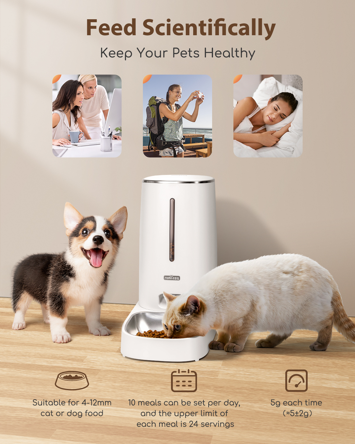 Nobleza - Dispensador automático de ração para cães e gatos, Wi-Fi 2.4G, capacidade de 4 litros, com timer e controle remoto por aplicativo, gravação de 10 segundos, permite de 1 a 10 refeições por dia, cor branca.