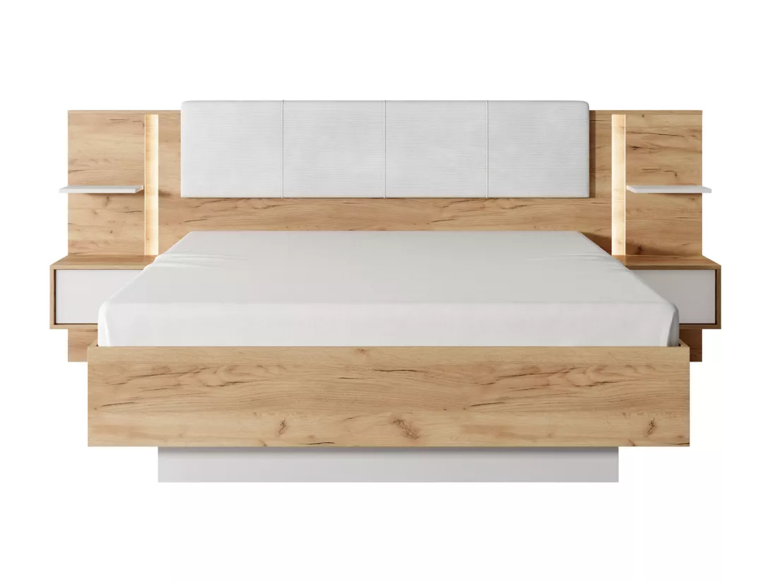 Lit avec chevets 160 x 200 cm - Avec LEDs - Coloris : Naturel et blanc + Sommier - ELYNIA