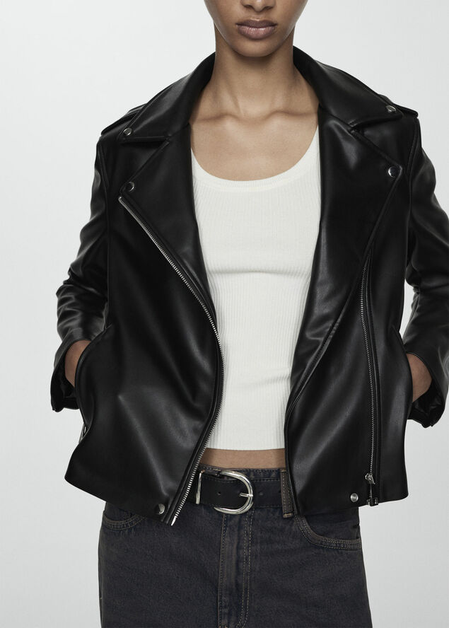 MANGO Faux-leather biker jacket Black