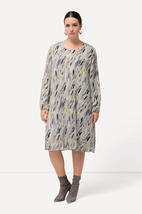 Plissee-Kleid, Marmordruck, Godetfalten, Rundhals, Langarm