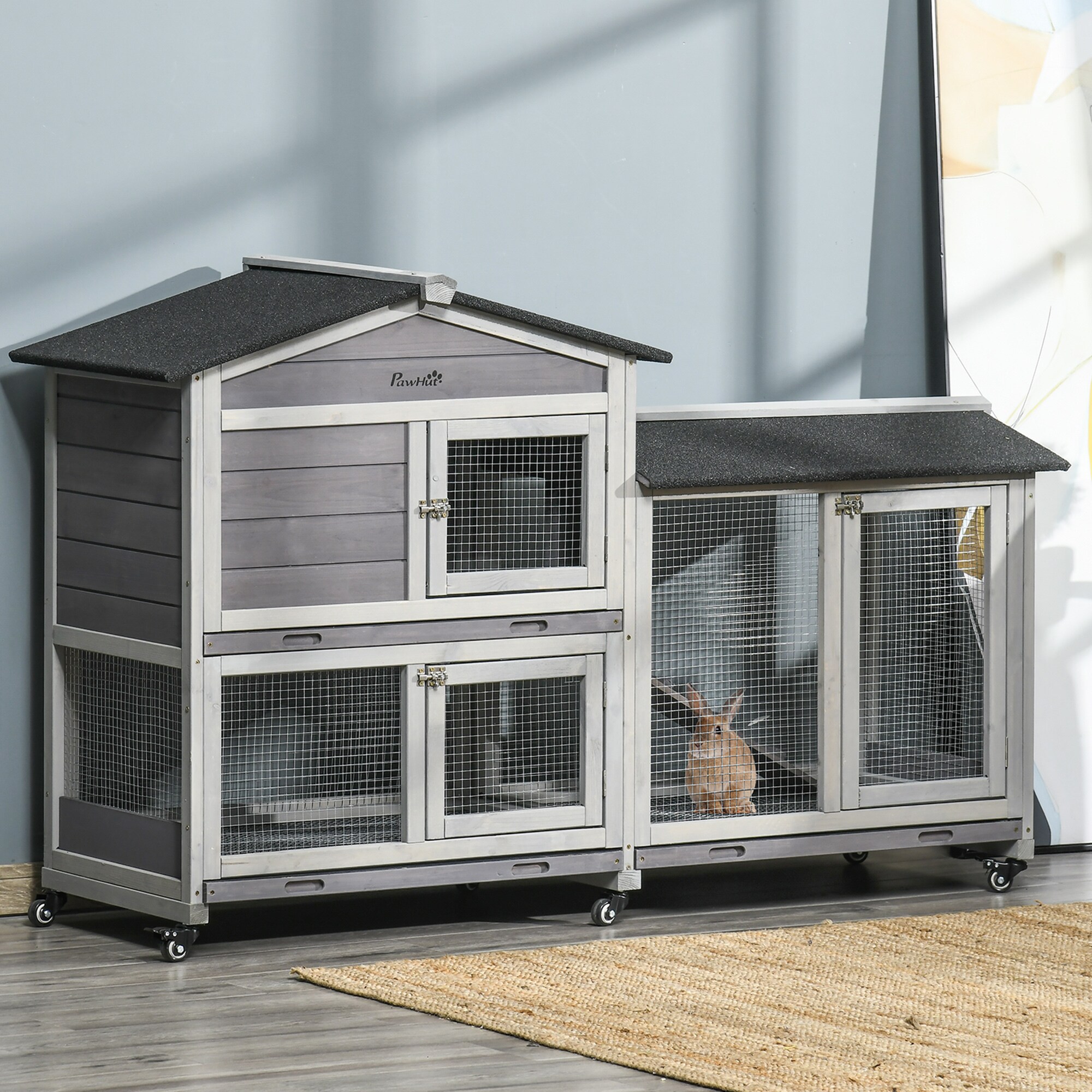 PawHut Kleintierstall mit 6 Rädern grau 157,4L x 53B x 99,5H cm