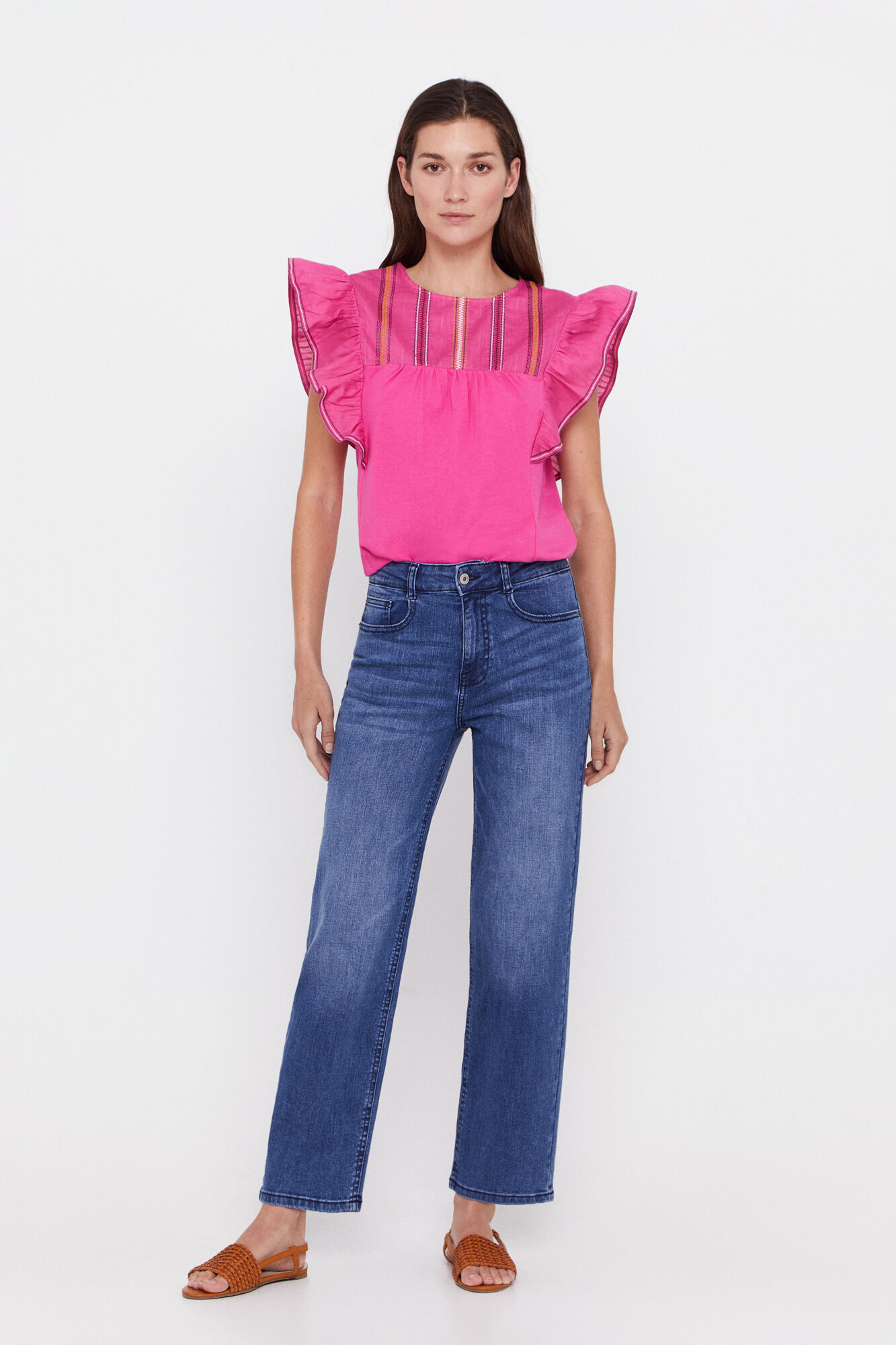 Calça jeans cropped reta bordada - Azul
