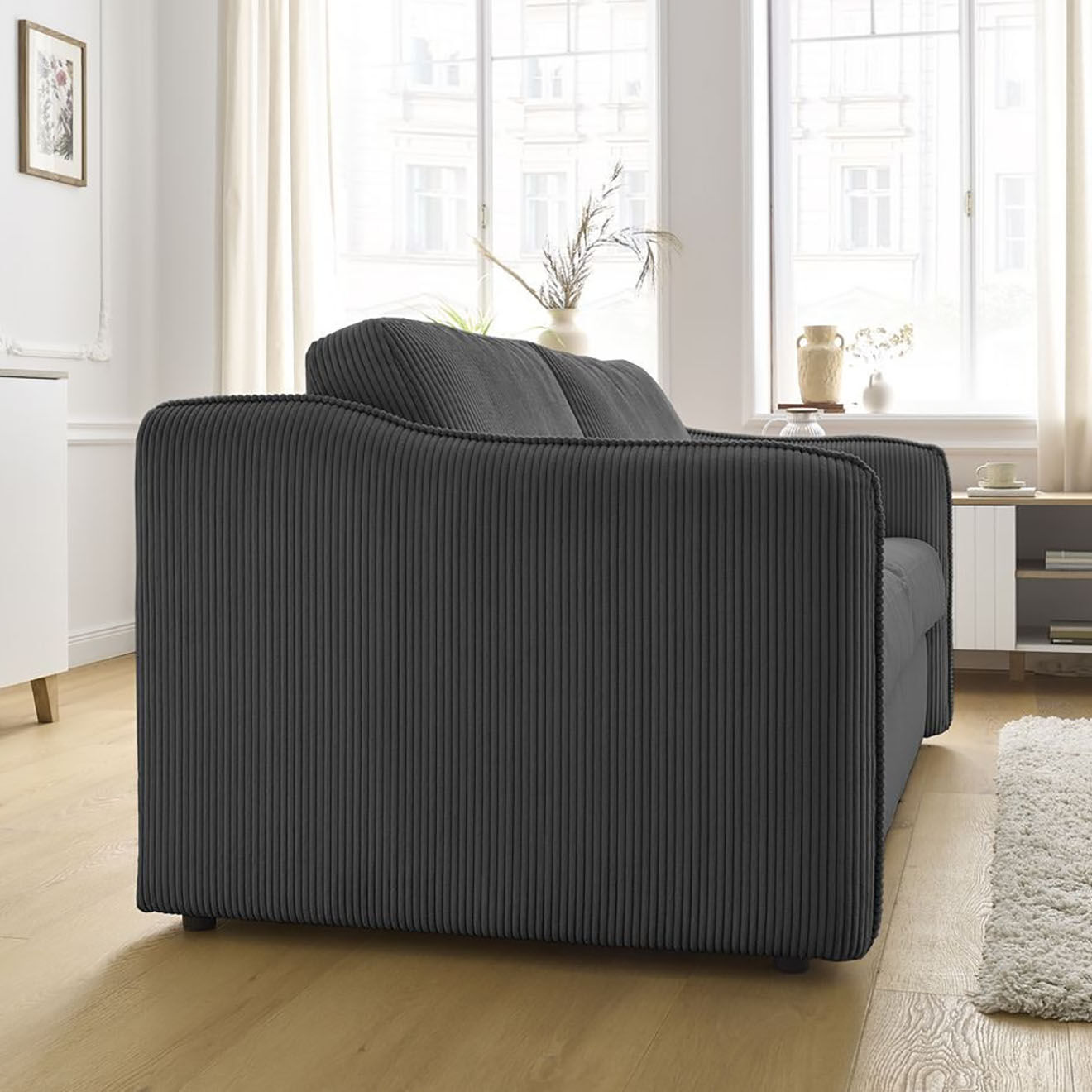 Bobochic Canapé droit convertible express en Velours côtelé 3 places Lenny gris foncé - 178x102x89 cm