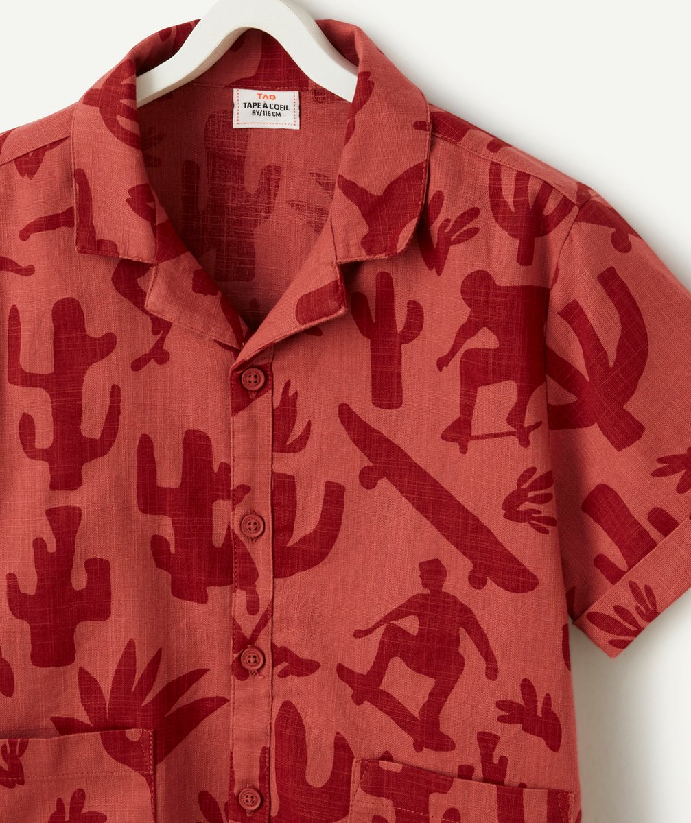 chemise manches courtes garçon en coton rouge imprimé cactus