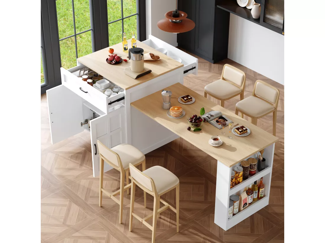 Ilot central de cuisine avec 2 portes et 2 tiroirs - Plateau extensible - 133(202)x59x93.5 cm - 2 à 6 personnes - Blanc+naturel