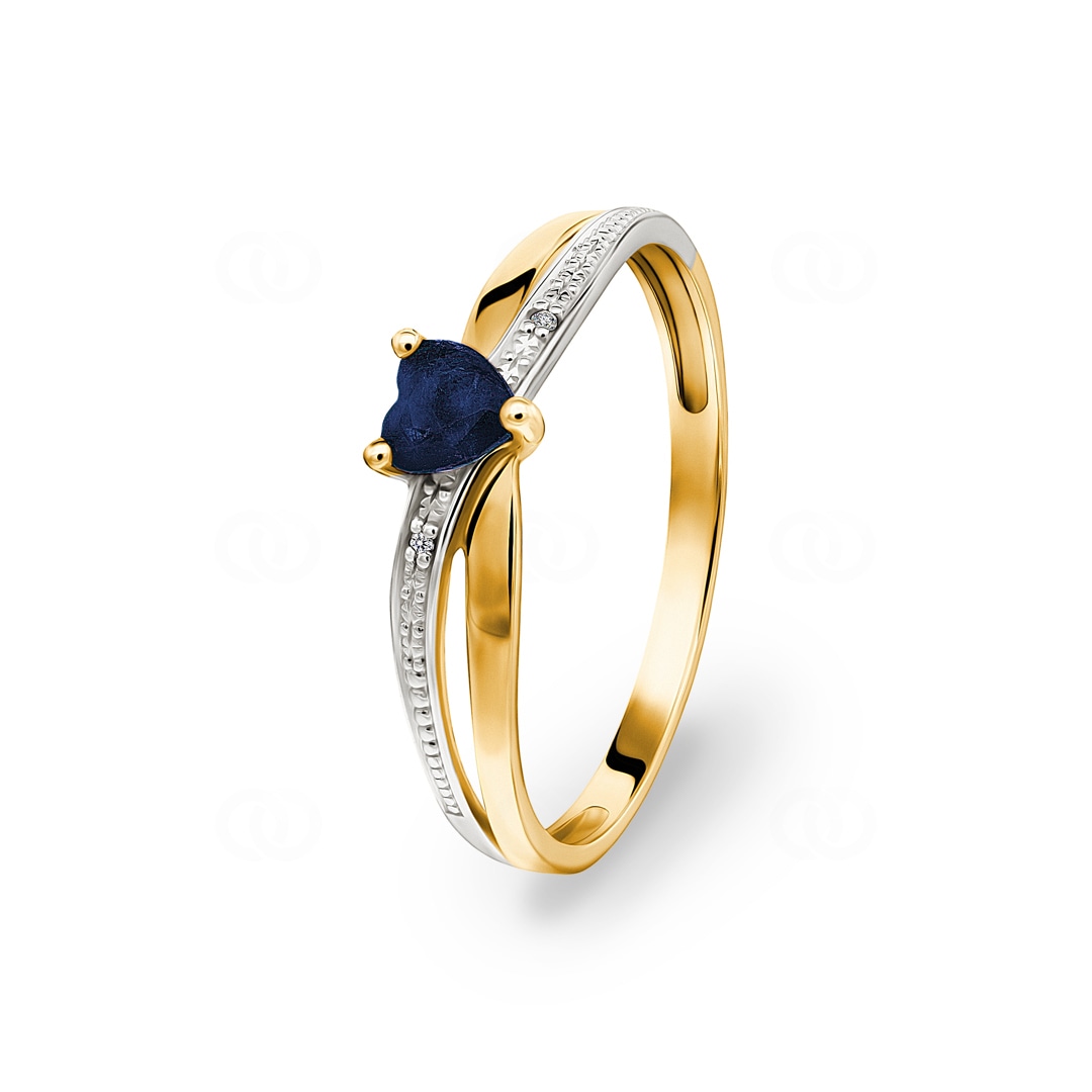 Damenring 750/18 K Gelbgold mit Saphir Herz & Diamanten 0.01ct.