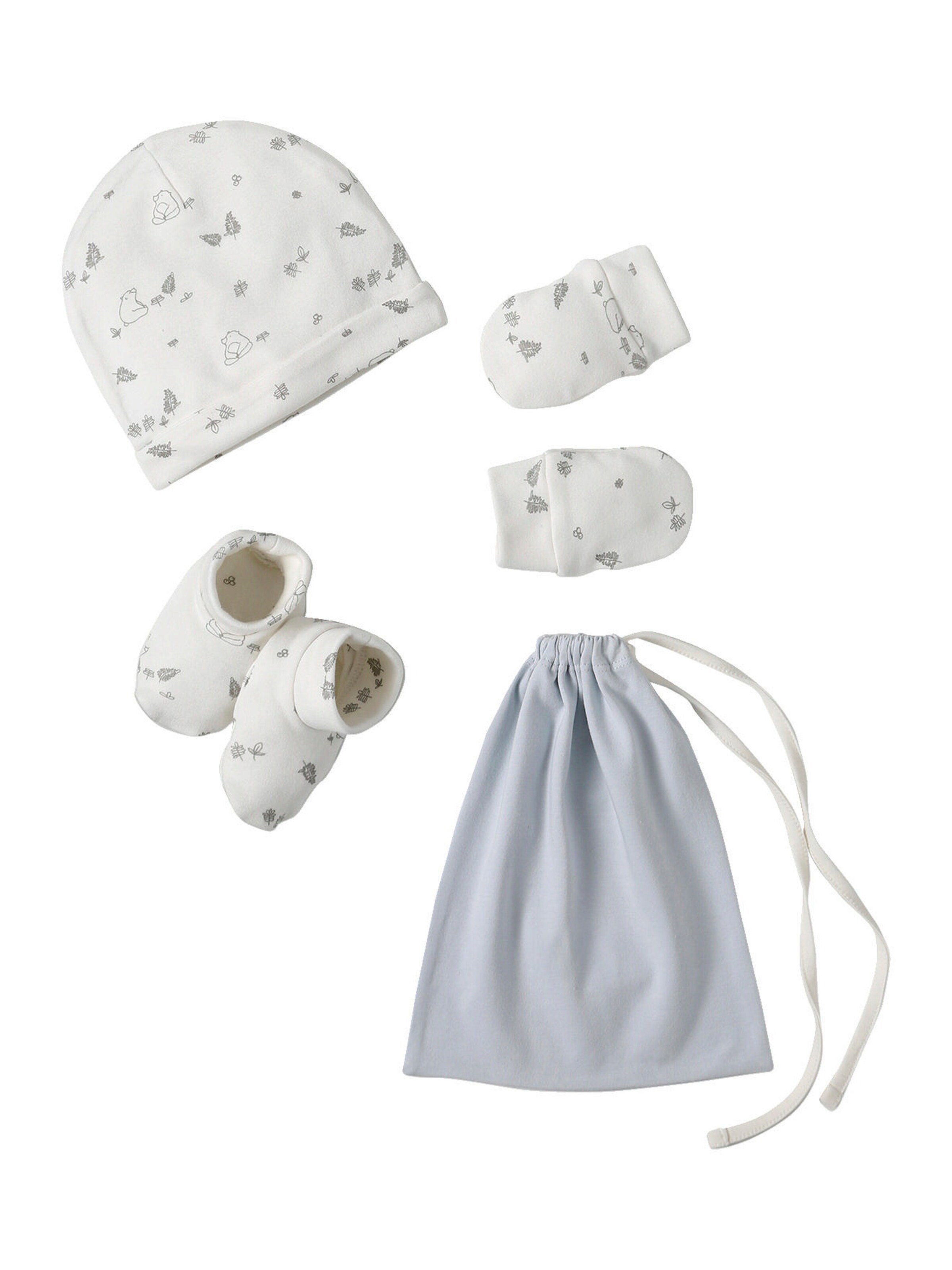 Vertbaudet Jungen Baby-Set: Mütze, Fäustlinge, Schühchen & Beutel BÄR hellblau