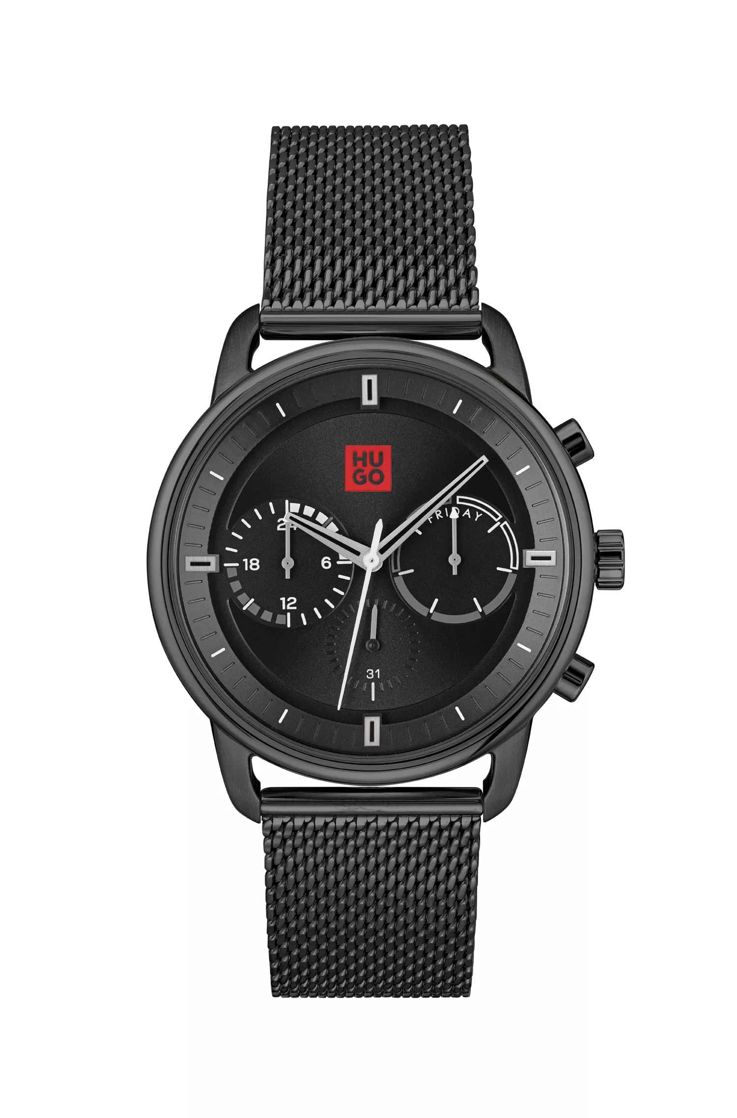 Relógio HUGO com efeito vermelho e preto e pulseira de malha.