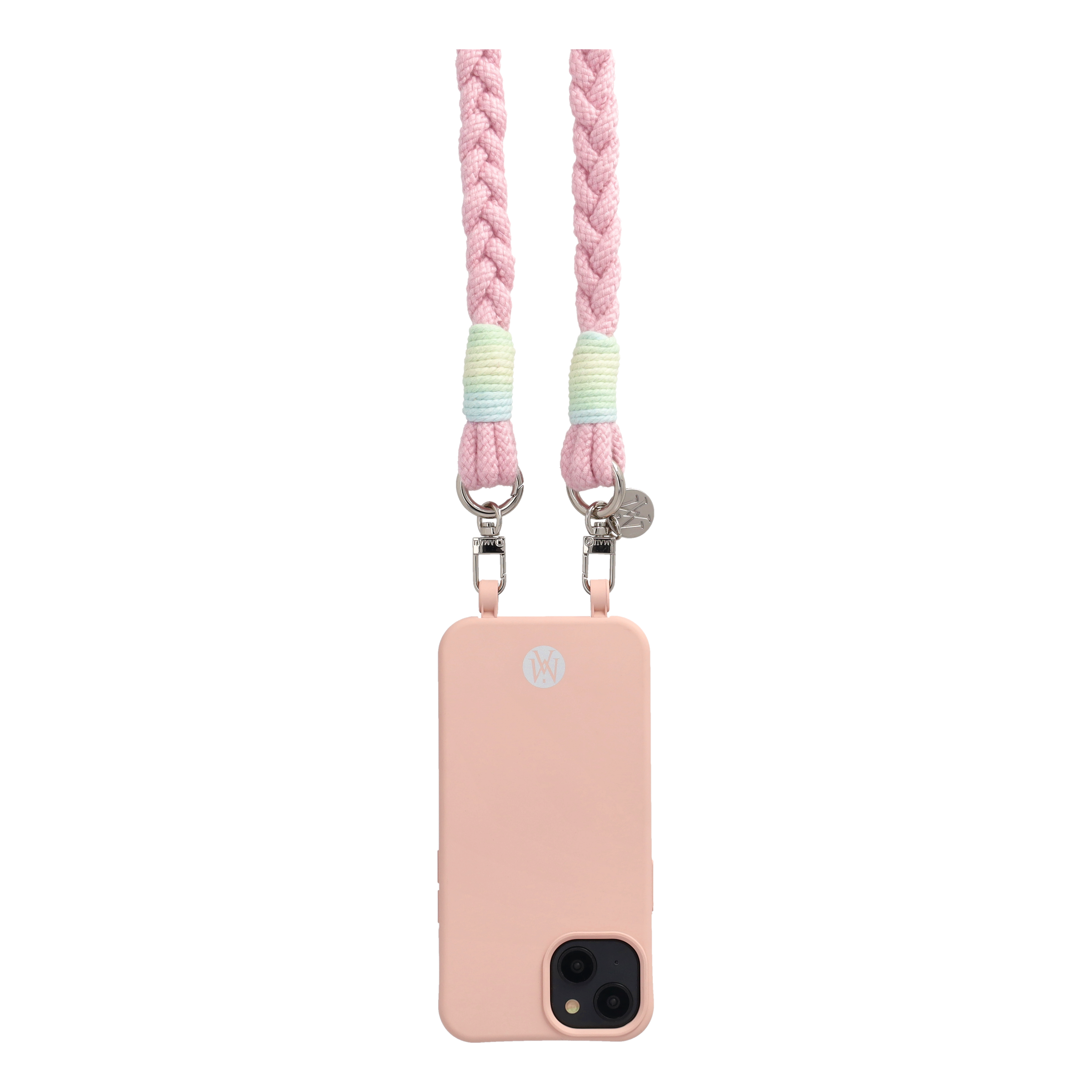 Handgemachte Handykordel Geflochtenes Umhängeband für Handyhüllen Silver - Rosa (Rainbow)