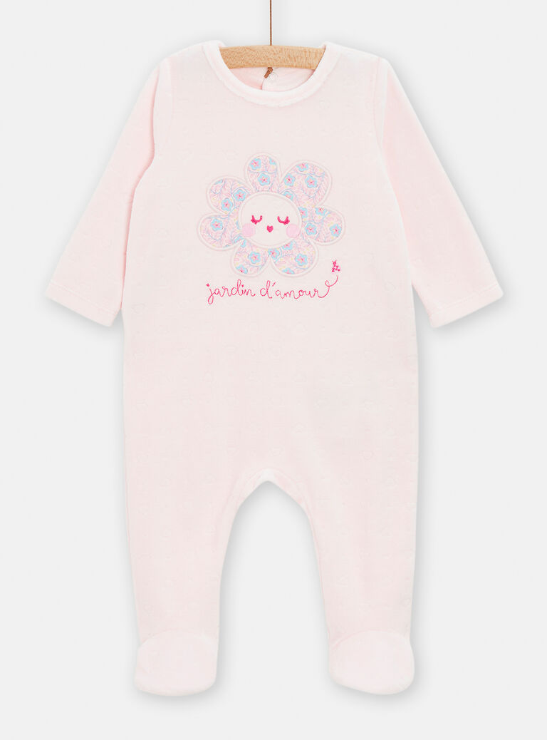 Grenouillère rose en velours texturé motif cur pour bébé fille