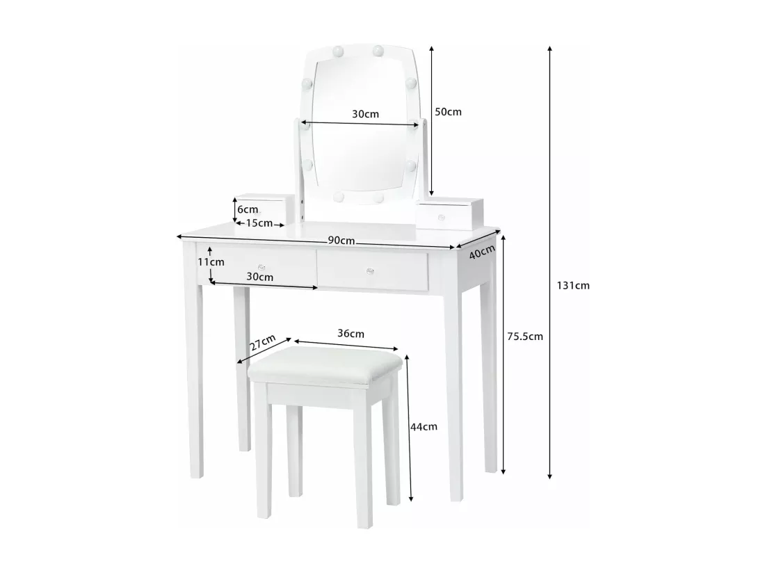 Coiffeuse 10 Ampoules LED à Intensité Variable, Miroir Pivotant à 360 Degrés avec 4 Tiroirs de Rangement Blanc