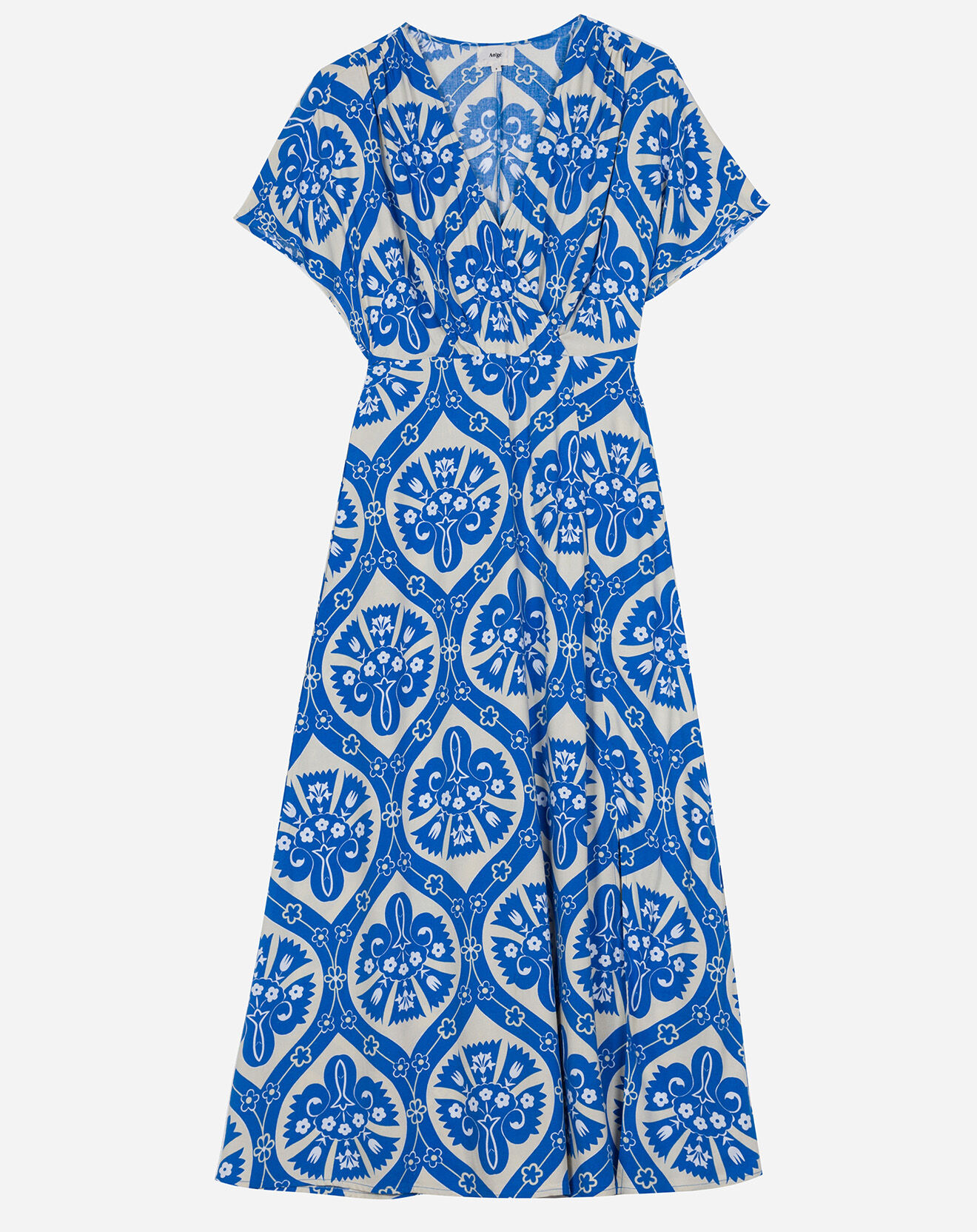 An'ge Robe mi-longue Camille cache-cœur bleu/écru