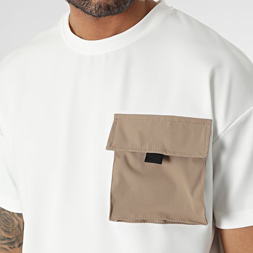 Tee Shirt Oversize Large A Poche Blanc Marron
