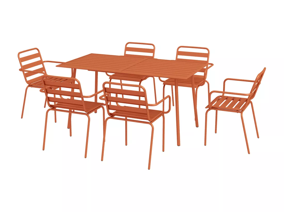Salon de jardin 6 places 7 pièces - table à manger 6 chaises empilables - acier thermolaqué terre battue