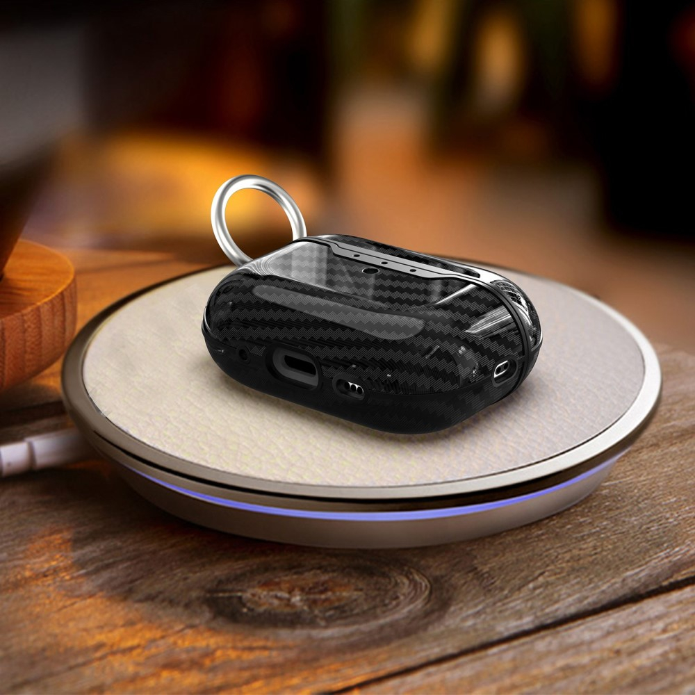 AirPods Pro 2 / AirPods Pro Gummi Schutzhülle Abdeckung mit Schlüsselring Carbon Look - Schwarz