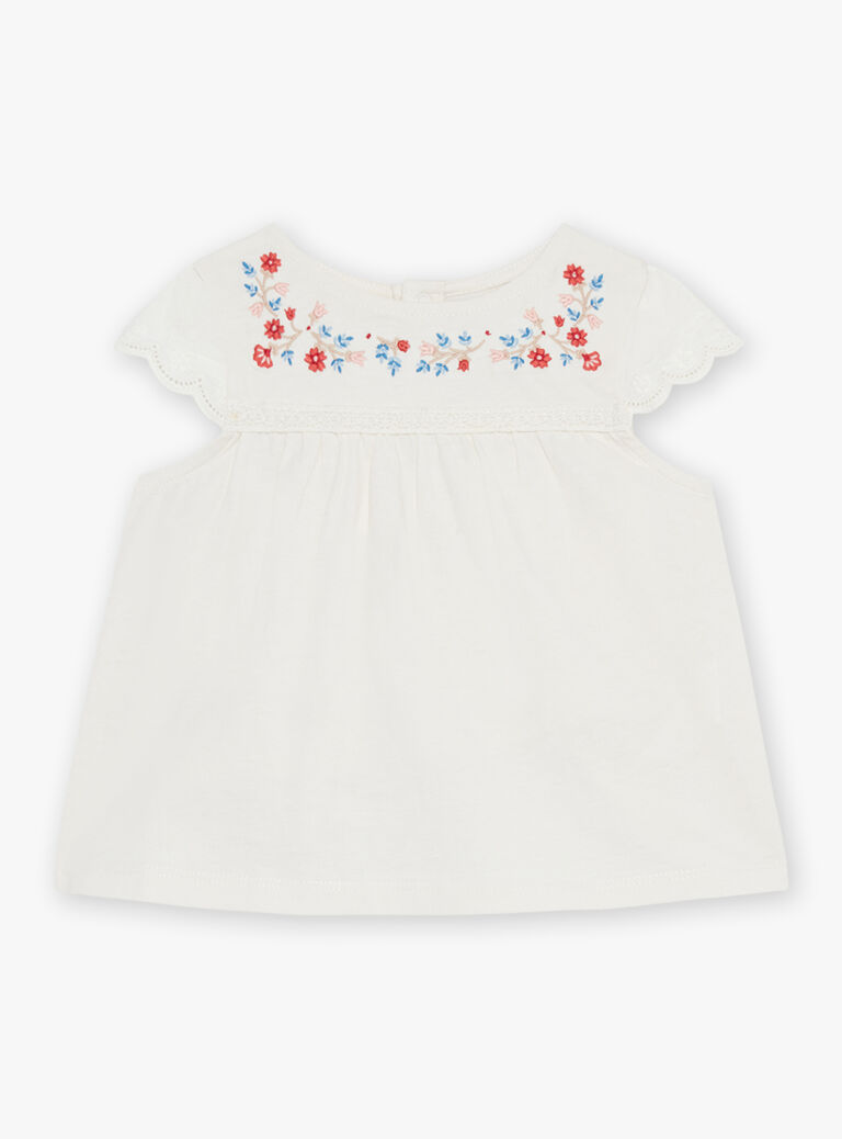 T-shirt en jersey écru à broderies fleuries