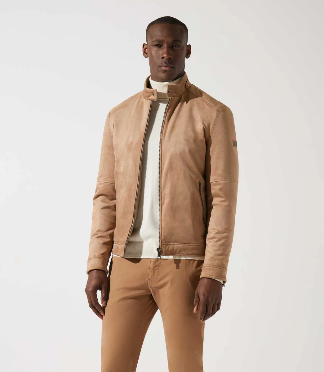 Blouson col officier en suède beige MALWEN