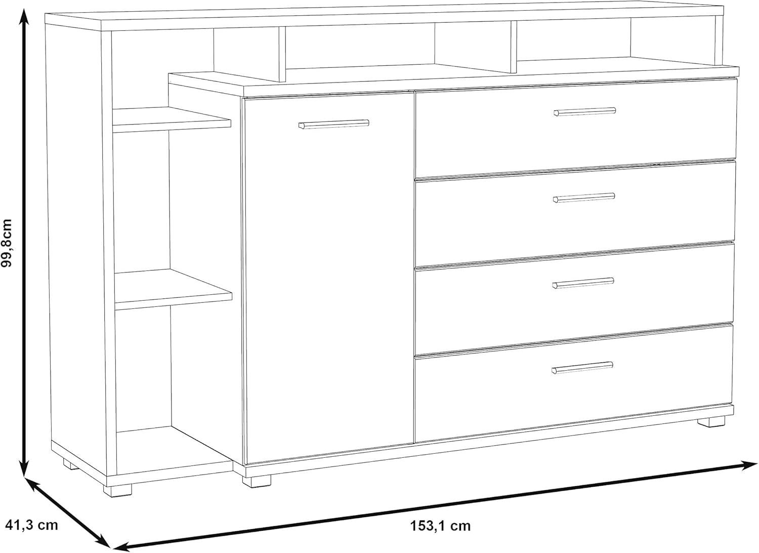 FORTE Beach Kommode mit 1 Tür, 4 Schubladen und offenen Fächern, Holzwerkstoff, Sandeiche/Weiß, 153,1 x 99,8 x 41,3 cm