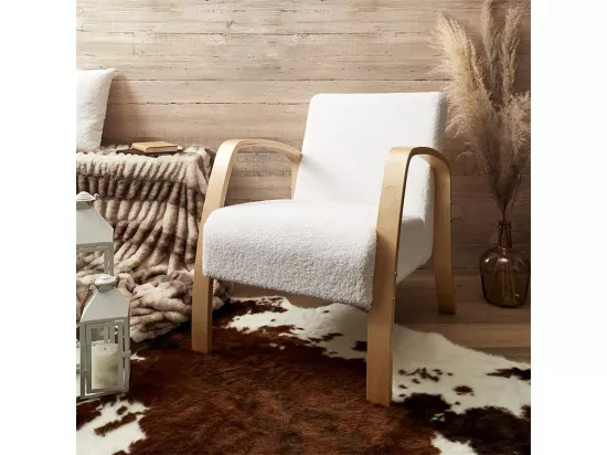 KAUPA - Fauteuil en Tissu Bouclettes Blanc Accoudoirs Bois