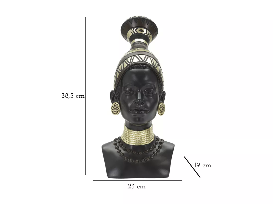 Sculpture tête de femme Masai avec coiffe et bijoux tribaux, 23x19x38,5 cm, statue en résine noire et couleurs mixtes, inspirée des traditions.