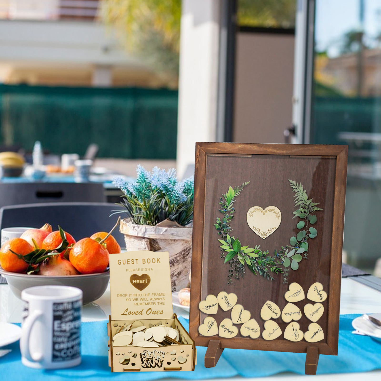 (400x300mm) Echtholz Herz Hochzeits Gästebuch Aufstellbares Party Guest Book inkl. Aufbewahrungs Box - 80 Gäste