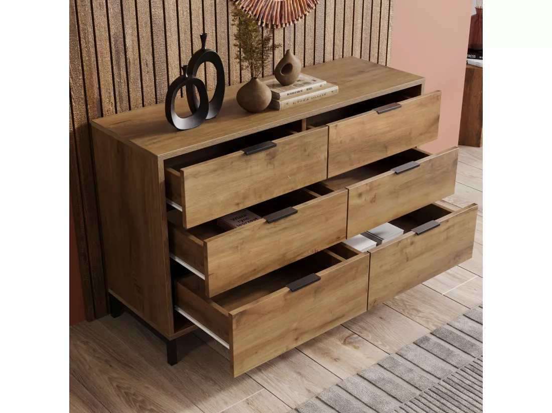 Commode, buffet avec 6 tiroirs, 120 x 40 x 76 cm, Panneaux de particules + métal, Chêne foncé