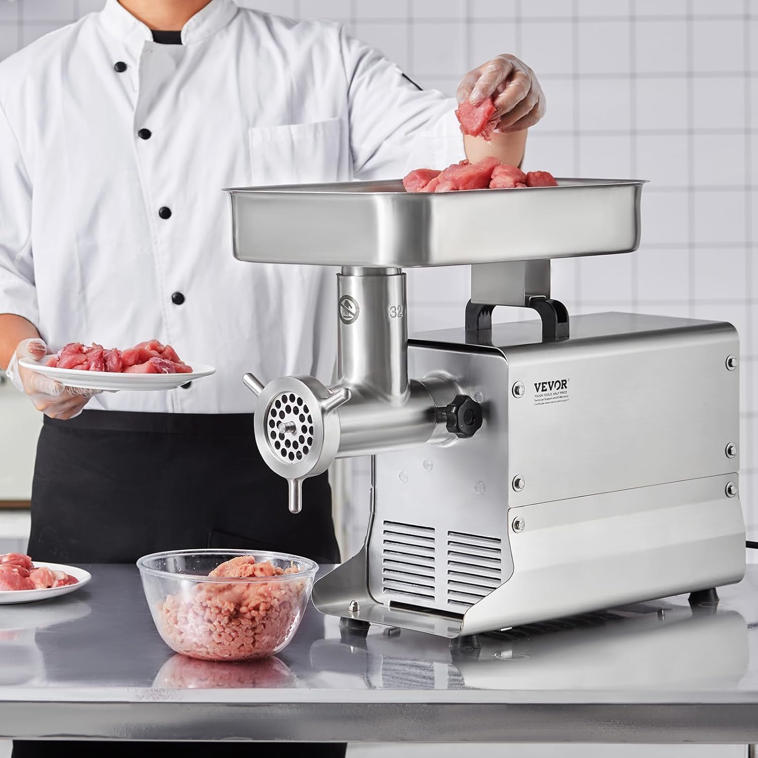 VEVOR kommerzieller elektrischer Fleischwolf Wurstmaschine 9,53 kg/Min. 1100 W, industrieller Fleischwolf mit Klinge & Mahlplatte, multifunktionaler Fleischwolf aus Edelstahl für Küche & Restaurant