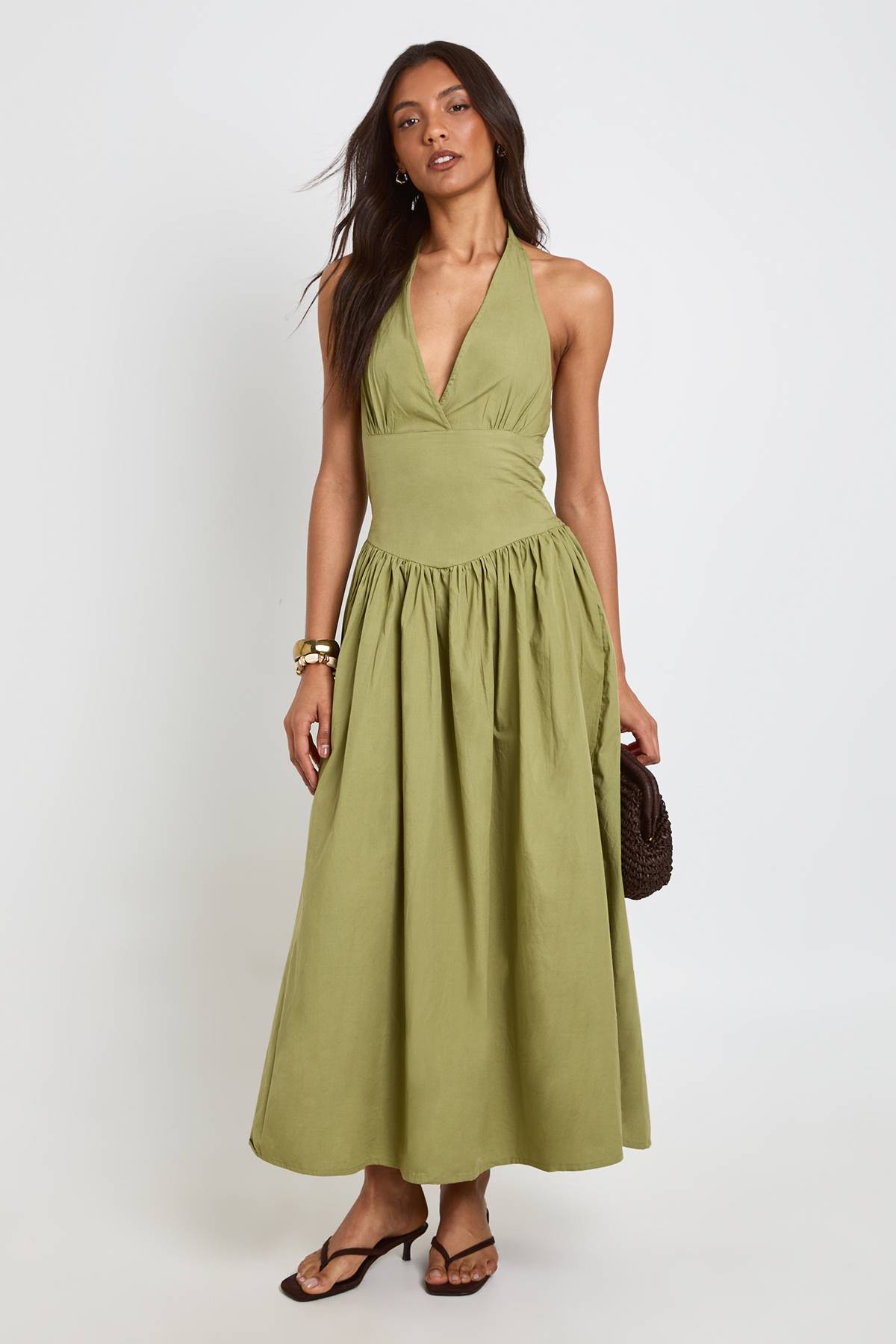 boohoo Robe Midi Plissée En Popeline De Coton Avec Encolure Dos-nu Coupe Tall