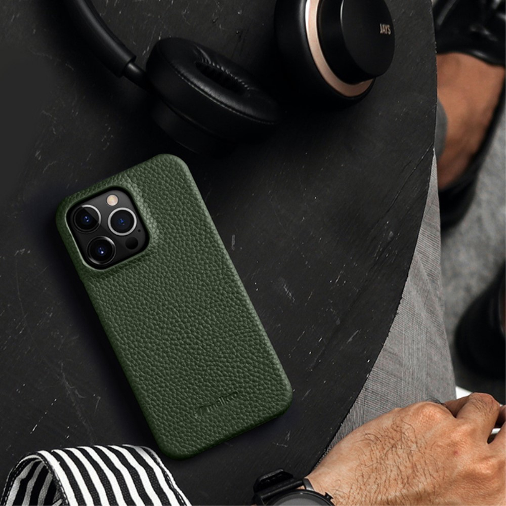 iPhone 14 Echtleder Hardcase Hülle Litchi Look - Blaugrau