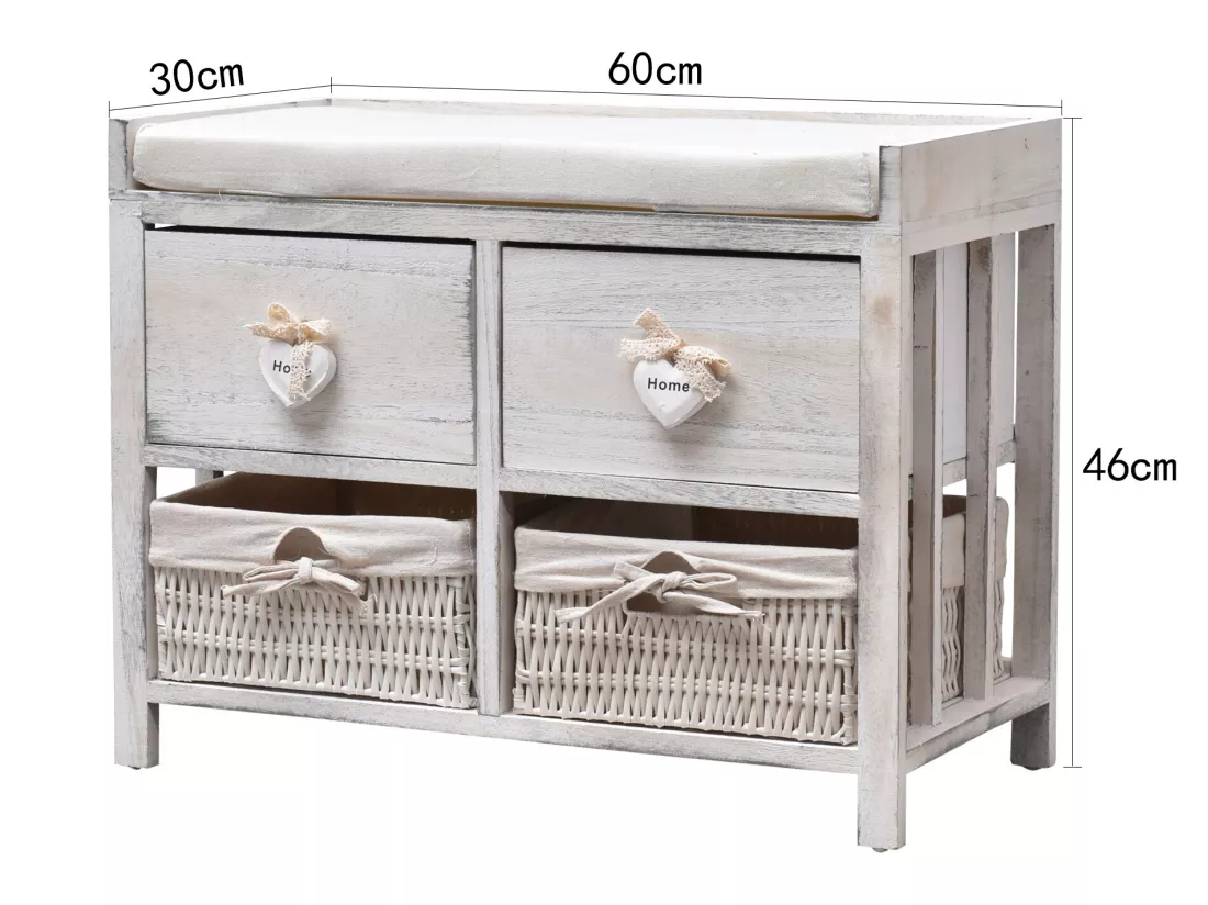 Banc Banquette Assise 2 Tiroirs Bois Blanc Shabby 46x60x30