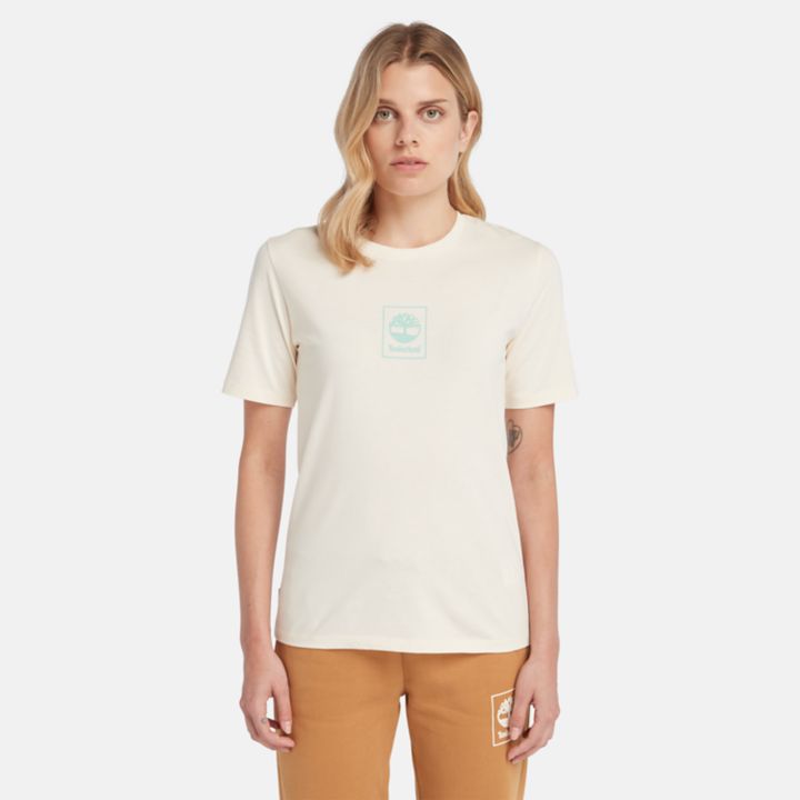 Camiseta feminina Stack Logo na cor bege.