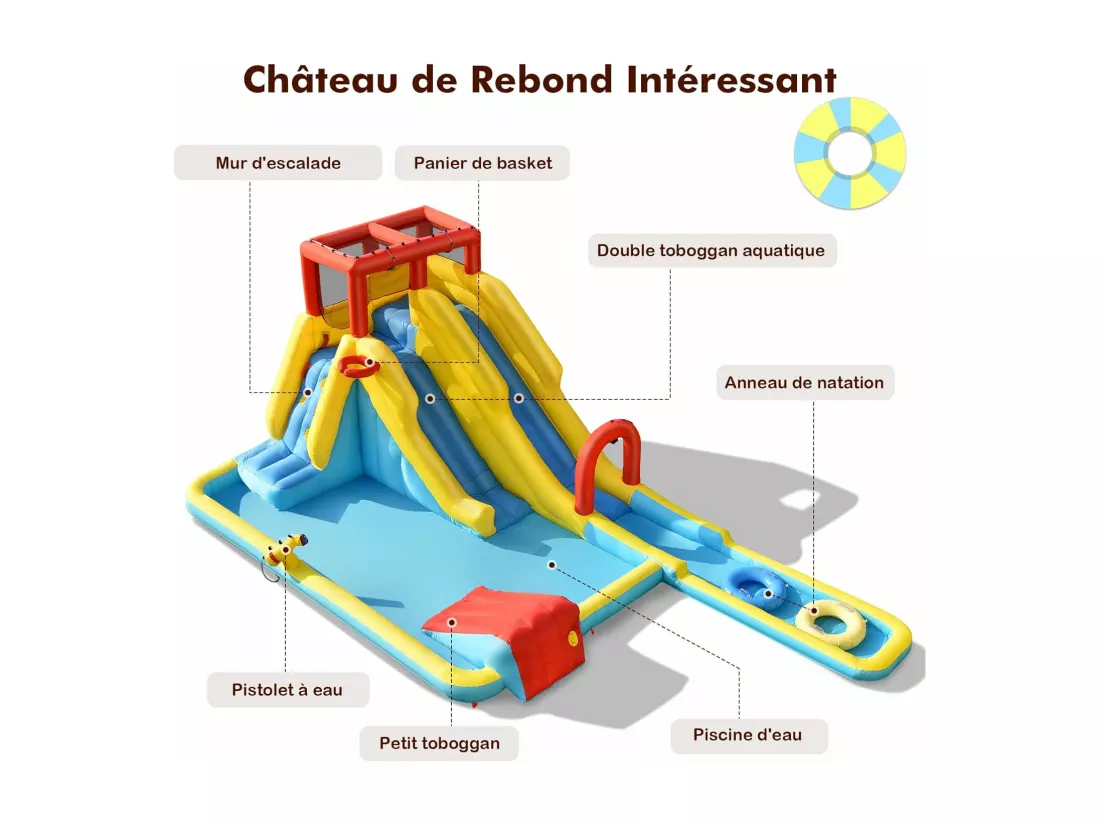 Toboggan Aquatique Gonflable 5 en 1 avec Pataugeoire, Aire de Jeux Gonflable en Oxford avec Mur d'escalade, Canon à Eau, Charge 150kg pour 2-3 Enfants de 3-10 Ans (avec souffleur 680W)