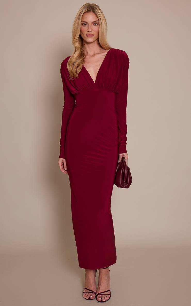 Rouge Bordeaux Robe Longue Moulante À Manches Longues Et Décolleté Plongeant En Tissu Soyeux Double Épaisseur