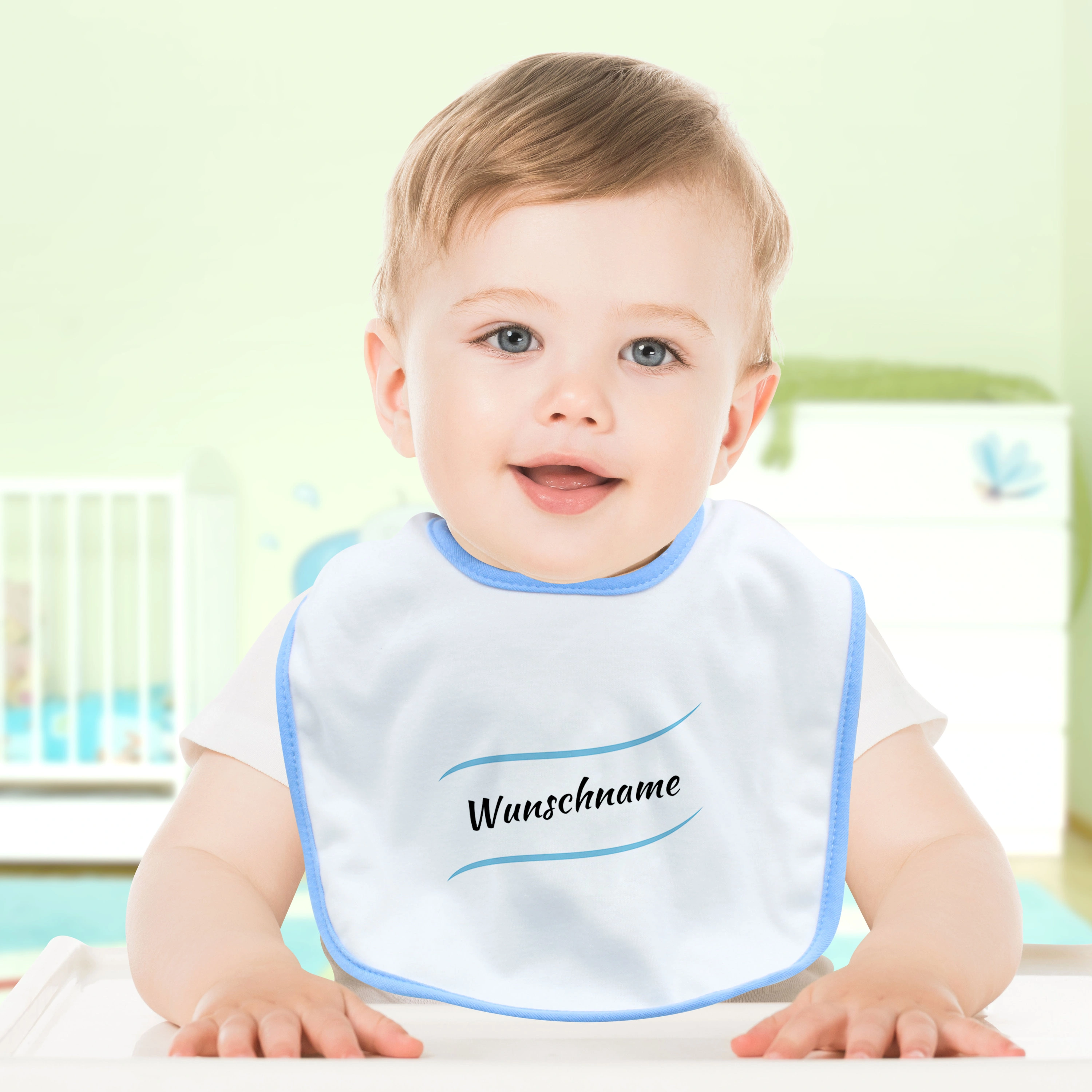 Baby-Lätzchen mit Namen, blau (Motiv: Welle)